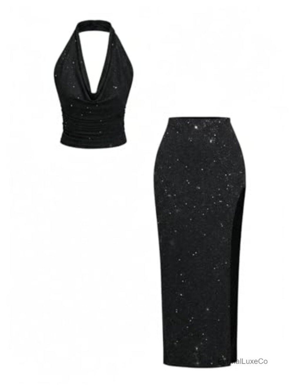 2 Piece Halter Top & Pencil Skirt Set, Glitter Rave Outfit, Medium Stretch